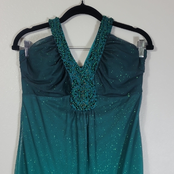 Y2K Vintage Sparkly Beaded Halter Maxi Gown Dress Size 10 Green Ombre Formal 90s - Picture 3 of 13